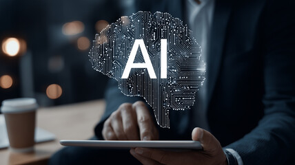 Artificial intelligence integration in business portrayed by a digital circuit brain with AI letters hovering above a tablet held by an executive, symbolising smart decision making and transformative 