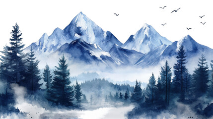 winter mountain landscape watercolor on white background