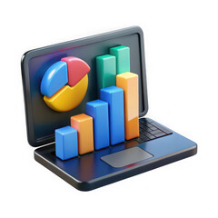 Photo of a laptop displays a pie chart and bar graph, symbolizing data analysis and business growth isolated on transparent background