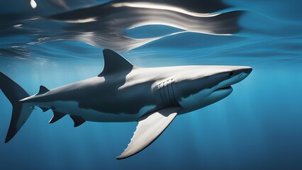 Underwater closeup view of a fierce shark moving in dark ocean depths