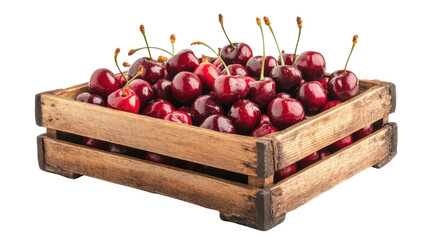 wooden box of cherries on white background