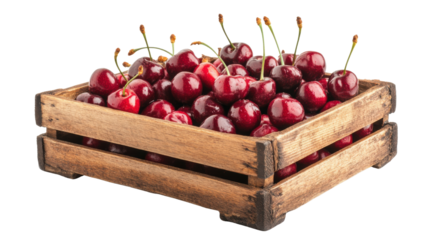 wooden box of cherries on white background