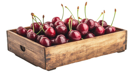 wooden box of cherries on white background
