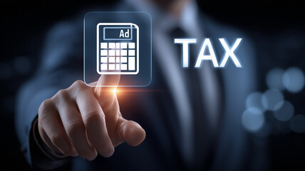 Futuristic digital taxation interface where a suited executive taps a holographic tax icon on a virtual screen, illustrating modern e filing compliance and fiscal management technology.
