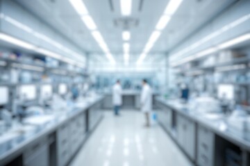 Fototapeta premium Blurred image of scientists working in a modern laboratory setting. Blurred background for use.
