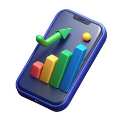 Photo of a smartphone displays a bar graph with an upward arrow, indicating business growth and success isolated on transparent background