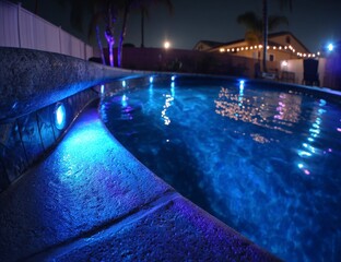 Pool lit at night with blue lights