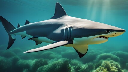 Closeup marine view of a dangerous shark swimming calmly underwater
