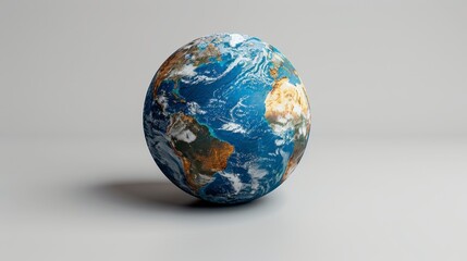 Earth globe resting. Blue oceans swirl with cloud over continents on plain background, casting a shadow