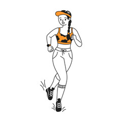 Cheerful woman jogging in casual activewear. She is focused and determined. Illustrated in a minimalist style. Bright colors make the scene lively.