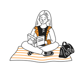 Illustration of a girl with long hair sitting crosslegged. Reading a book with a calm expression. Set on a striped blanket with a backpack beside her.