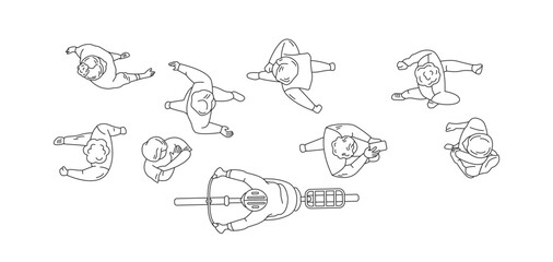 Line drawing of people viewed from above. Various individuals in casual outfits surround a person on a scooter on white background. Illustrative style.