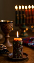Lit candle with tribal design on wooden table