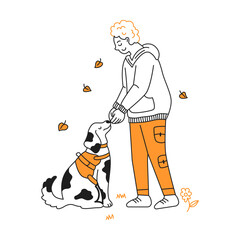 Illustration of a person and dog in minimalist line art style. Black and white with orange accents. Represents companionship in a whimsical, autumn setting.
