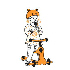Illustration of a child in helmet savoring ice cream. Casual and playful style. Black and orange colors emphasize cheerful mood. Ideal for kids content.