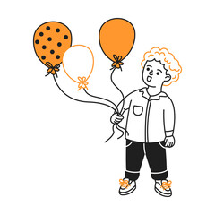 Illustration of a cheerful boy holding three orange and white balloons. Minimalist design with black outlines. Perfect for celebrating and festive themes.