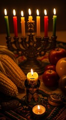 Lit menorah with fruit and corn