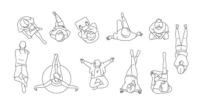 Simple line art illustration showing top views of people. Various poses including sitting, lying, and stretching. Minimalist style with a focus on geometric shapes.