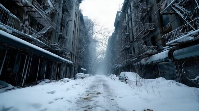 Exploring the Abandoned Winter Streetscape Featuring Snow and Ruined Buildings