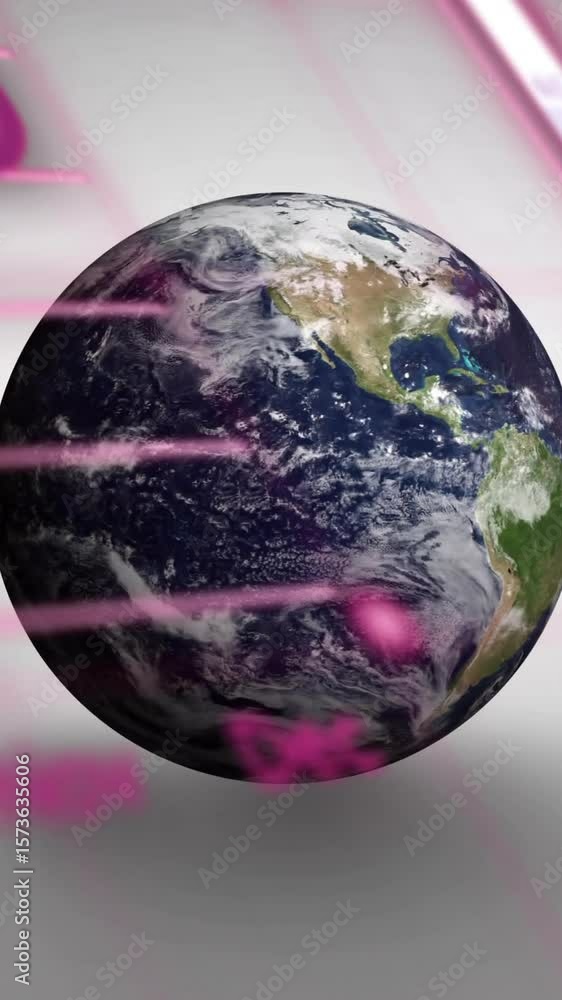 Poster animation of globe, graphs and computer language over rotating globe against white background