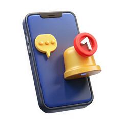 Photo of a smartphone displays a notification bell and a speech bubble, indicating new messages and alerts isolated on transparent background