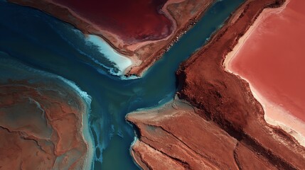 Aerial view of a river carving through red and brown rocky terrain, creating a striking contrast with blue water and earth-toned landforms.
