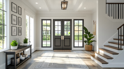 Obraz premium Modern farmhouse foyer illustration featuring sleek gray luxury vinyl plank flooring, vibrant verdure-inspired greenery accents, rustic wood textures, and bright natural light creating a wa 16253570 1