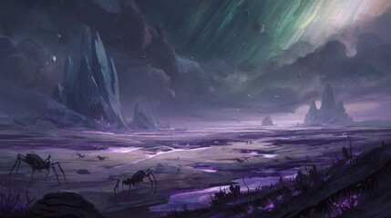 Alien Landscape at Night with Purple Sky and Glowing Plants