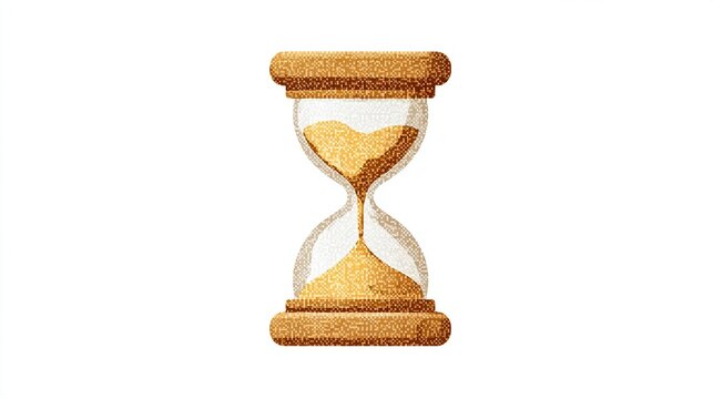 Illustrated hourglass, time passing, sand flowing between glass bulbs, wooden frame, isolated