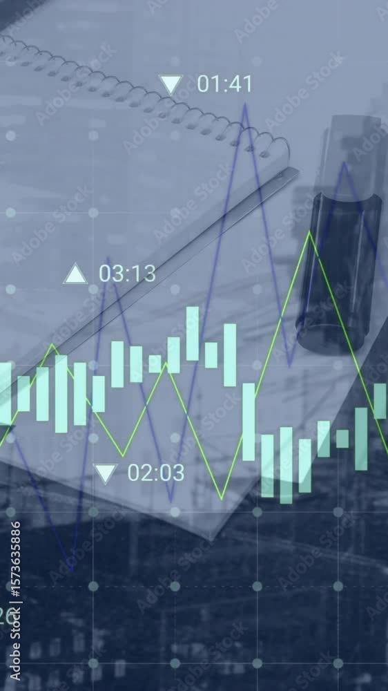 Poster animation of graphs with numbers moving laptop and papers and buildings