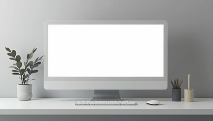 Desktop computer mockup plant workspace office blank screen keyboard mouse minimal style