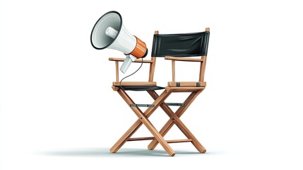 A director's chair with a megaphone resting on it, isolated on white