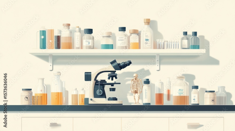 Poster laboratory shelf with microscope and skeleton model