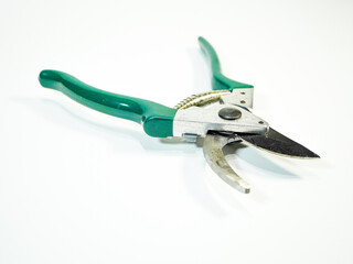 Close up of garden shears with green handles used for trimming bushes and plants on white...