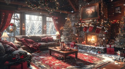 Cozy cabin interior, adorned with Christmas decorations and a snowy view