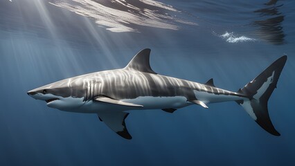 Closeup underwater image of great white shark swimming near Guadalupe Island in Mexico