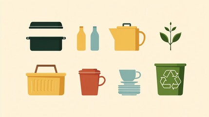 A collection of colorful kitchen and eco-friendly icons including containers, bottles, a teapot, cups, a basket, a plant, and a recycling bin.