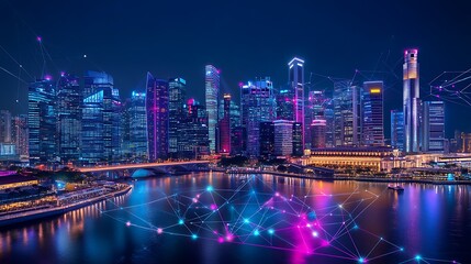 City Skyline at Night with Glowing Network Connection