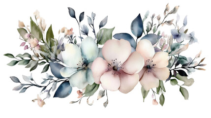 watercolor floral bouquet with green leaves on white background
