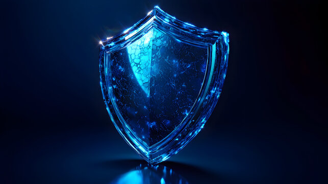 3D illustration of a crystal blue security shield with luminous metal finish, glowing edges, and radiant highlights symbolizing advanced protection and futuristic security technology. 53187943 1
