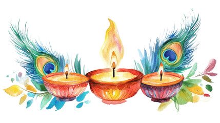 watercolor illustration of Thaipusam with peacock feather and burning candle on white background