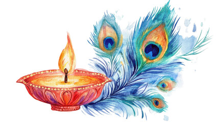 watercolor illustration of Thaipusam with peacock feather and burning candle on white background
