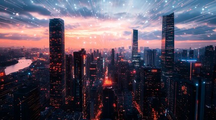 Cityscape at Night with Sky and Stream of Light Above, Aerial View