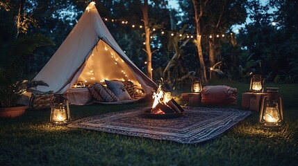 Camping Scene at Night with Tent, Fire and Lanterns