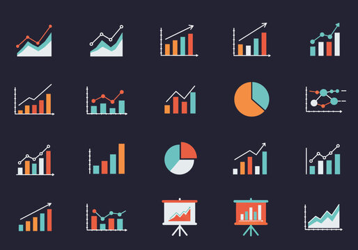An arrangement of 20 distinct data visualization graph icons set against a dark background