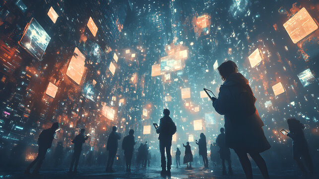 Illustration portraying the spread of misinformation on social media, highlighting false information dissemination, societal consequences, digital echo chambers, and the impact on public pe 61574632 2