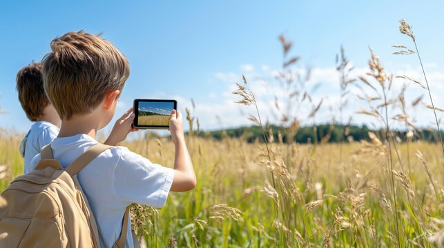 Children exploring nature and taking photos with smartphones