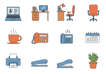 Cartoon office icons show desks computers stationery  plants