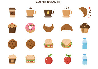 Coffee Break Set depicts assorted food and drink items including coffee croissants cupcakes cookies sandwiches and fruit