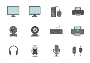 Computer icons arranged in a grid including monitors a PC a mouse a keyboard a printer headphones microphones  webcams